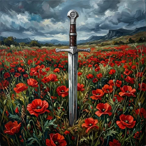 Silver sword planted among red flowers