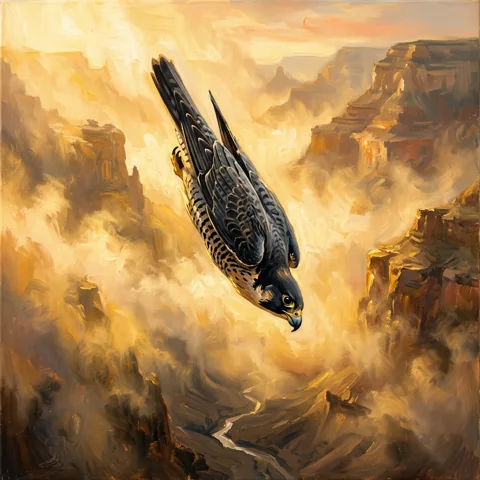 Sleek falcon diving through golden mist