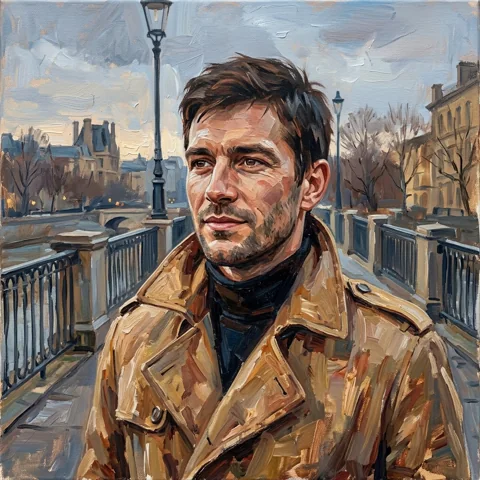 An adult man with tan trench coat on a quiet bridge