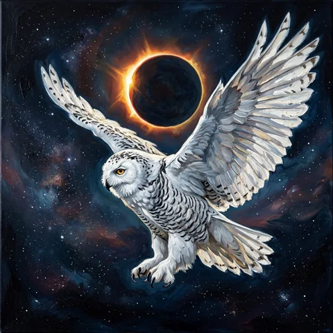 White owl spreading wings under eclipse