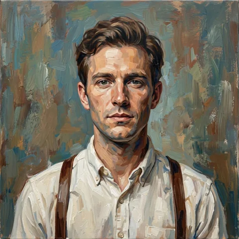 An adult man with white shirt and suspenders in portrait studio
