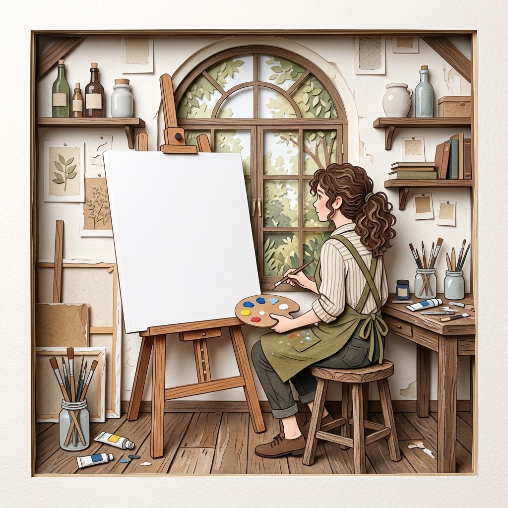 Painter facing a fresh blank canvas