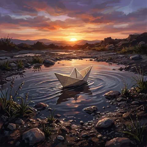 Paper boat crossing a rain puddle toward sunrise