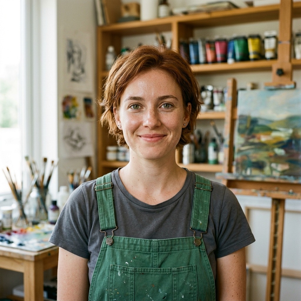 An adult woman with short auburn hair and green overalls in art studio