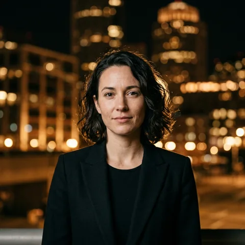 An adult woman with black blazer against amber city lights