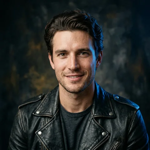 An adult man with black leather jacket with blue studio rim light