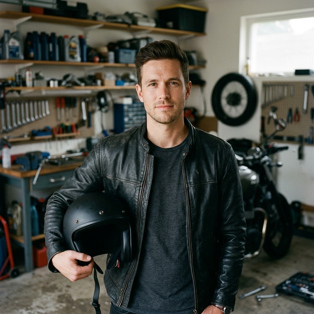 An adult man with black motorcycle helmet held at side in garage