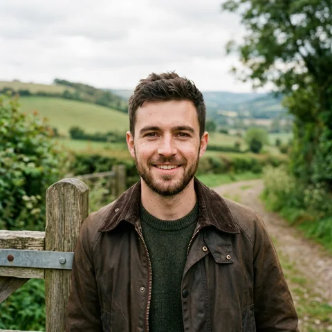 An adult man with brown jacket beside a countryside gate