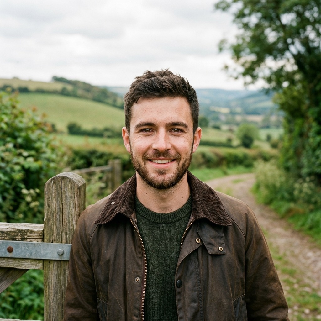 An adult man with brown jacket beside a countryside gate