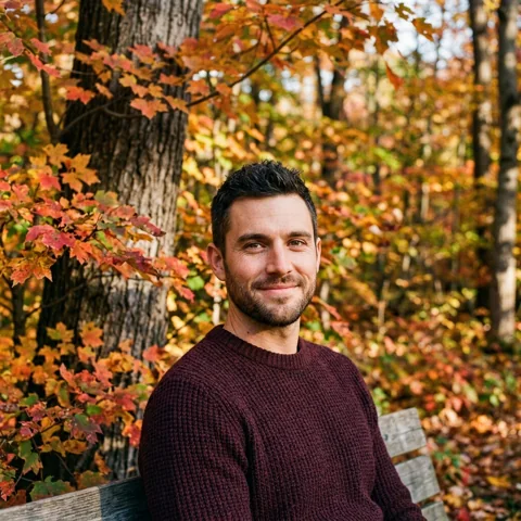 An adult man with burgundy sweater beside autumn maple trees