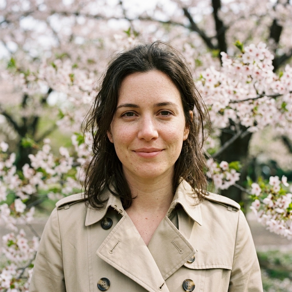An adult woman with beige trench coat with cherry blossoms