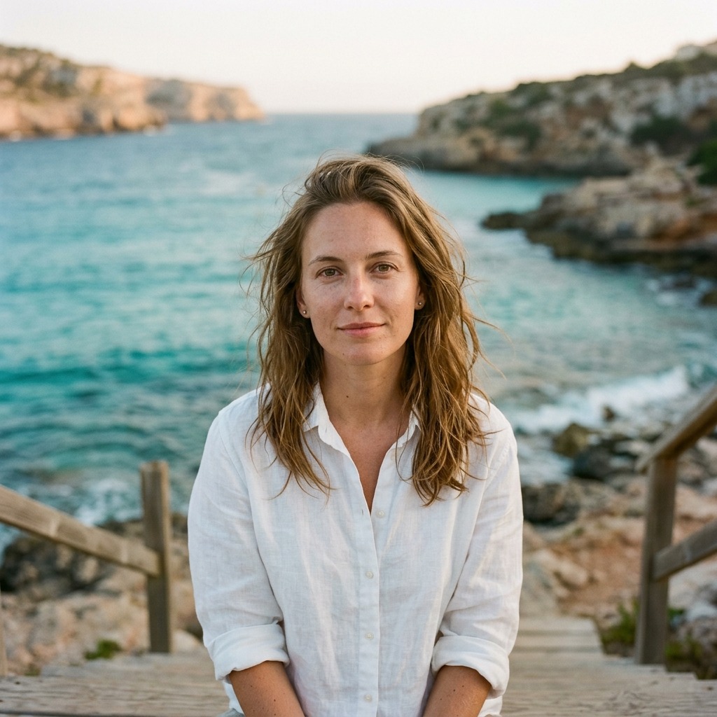 An adult woman with white linen shirt near a turquoise sea