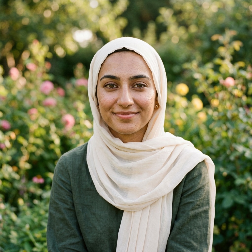 An adult woman with cream hijab and soft garden bokeh