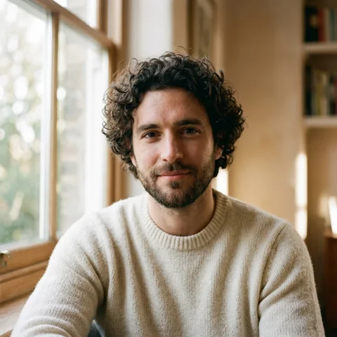 An adult man with curly hair and cream sweater near a window