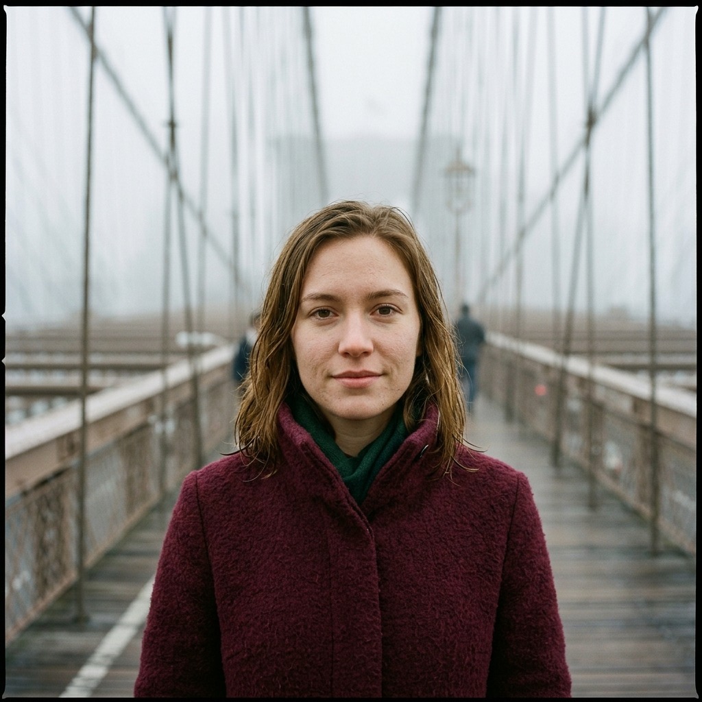 An adult woman with burgundy coat on a foggy bridge
