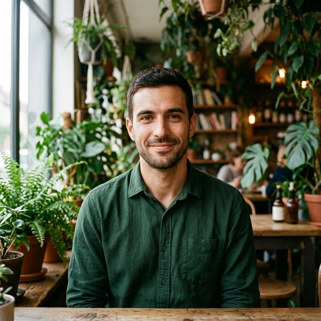An adult man with forest green shirt in a plant-filled cafe
