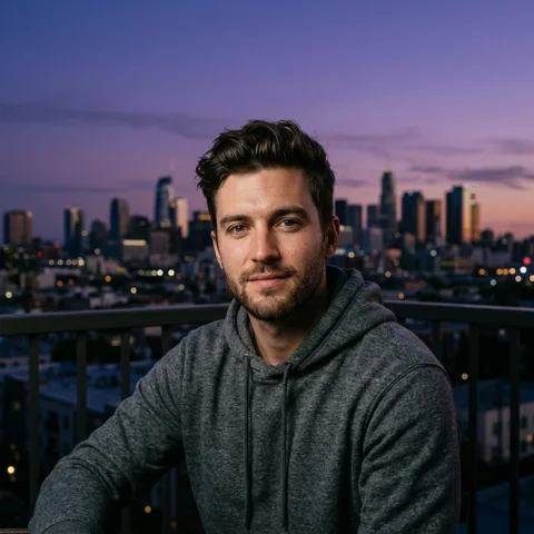 An adult man with grey hoodie beside purple twilight skyline