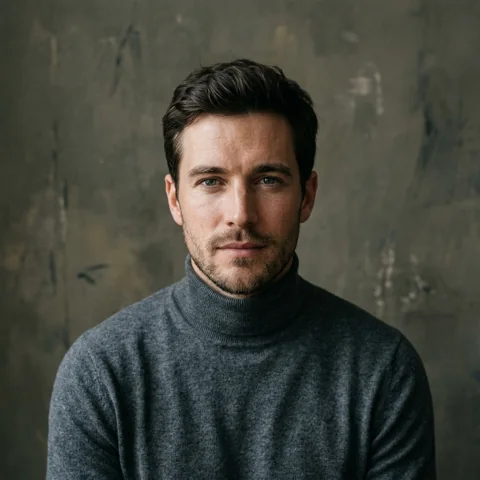An adult man with grey turtleneck in a minimalist studio