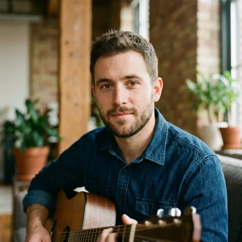 An adult man with indigo denim and acoustic guitar in a loft