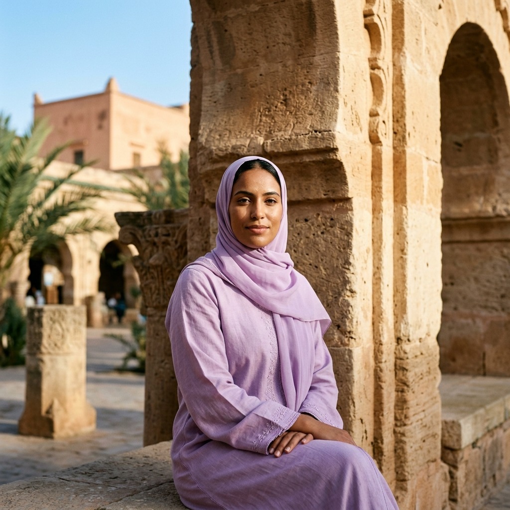 An adult woman with lilac abaya beside sunlit sandstone arches