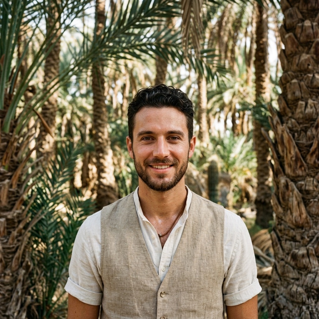 An adult man with linen waistcoat beside desert palms
