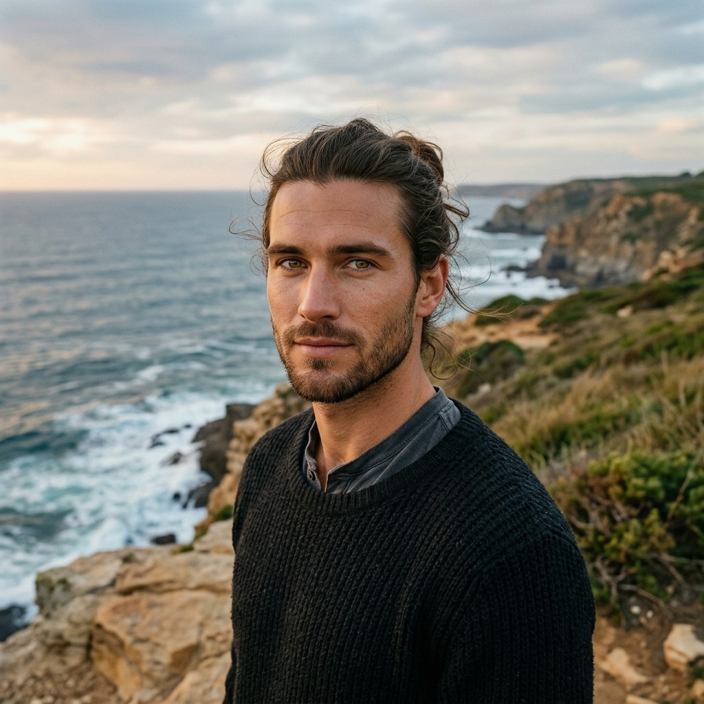 An adult man with long tied hair on a coastal cliff