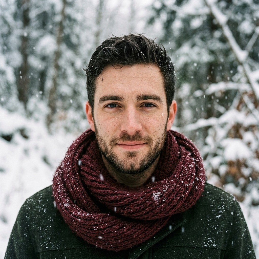 An adult man with maroon scarf beside falling snow