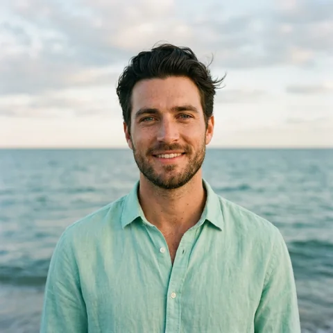 An adult man with mint shirt against quiet ocean horizon