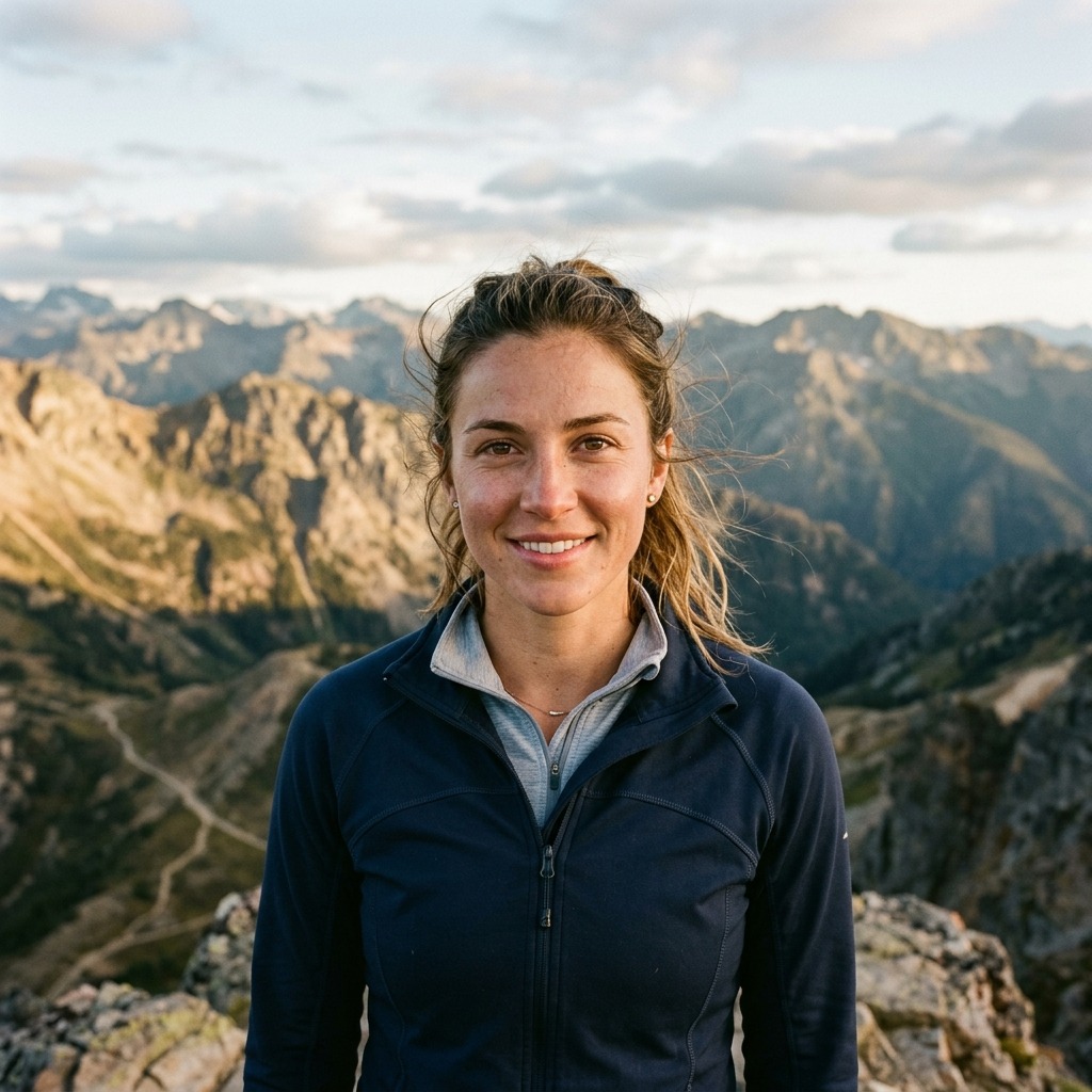 An adult woman with sporty navy jacket on mountain overlook
