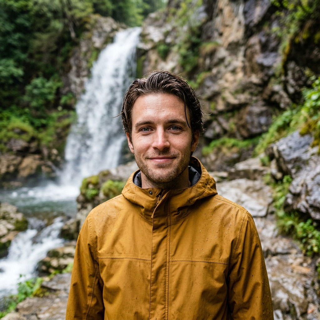 An adult man with mustard rain jacket beside a waterfall