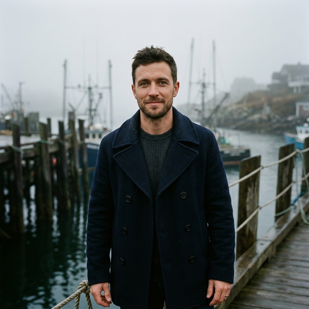 An adult man with navy peacoat at a foggy harbor