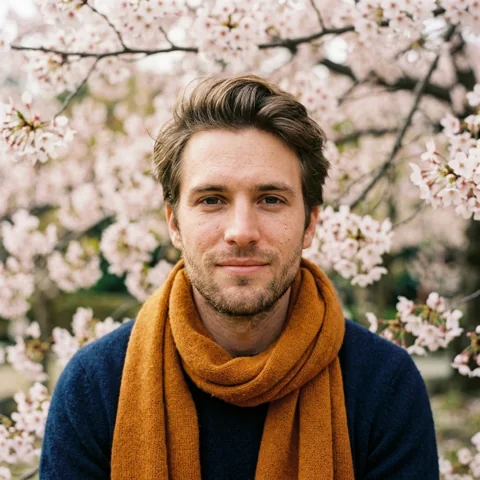 An adult man with ochre scarf under cherry blossoms