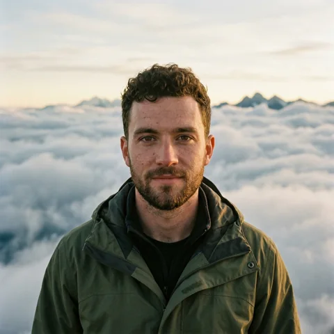 An adult man with olive hiking jacket above clouds