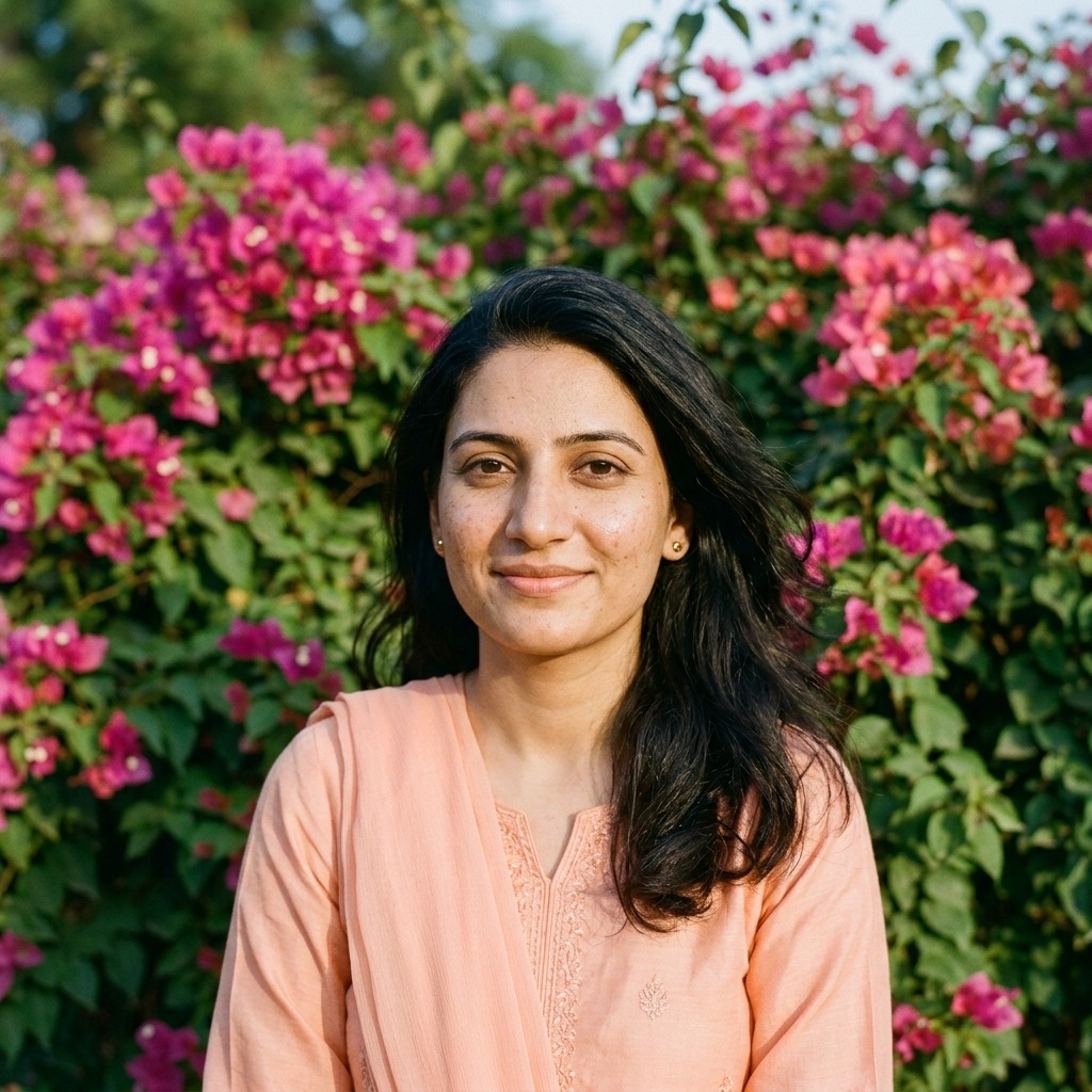 An adult woman with peach shalwar kameez by bougainvillea