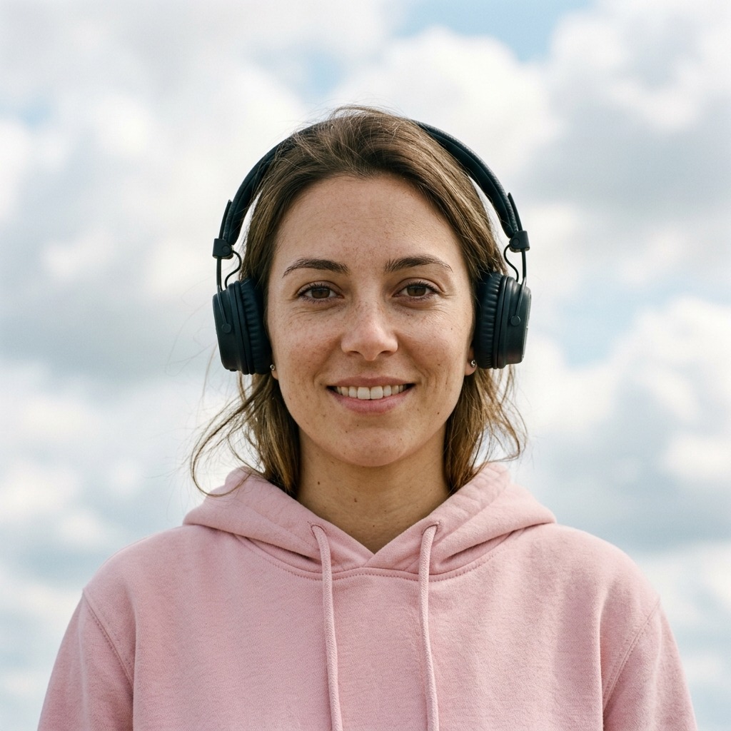 An adult woman with pink hoodie with headphones against soft clouds