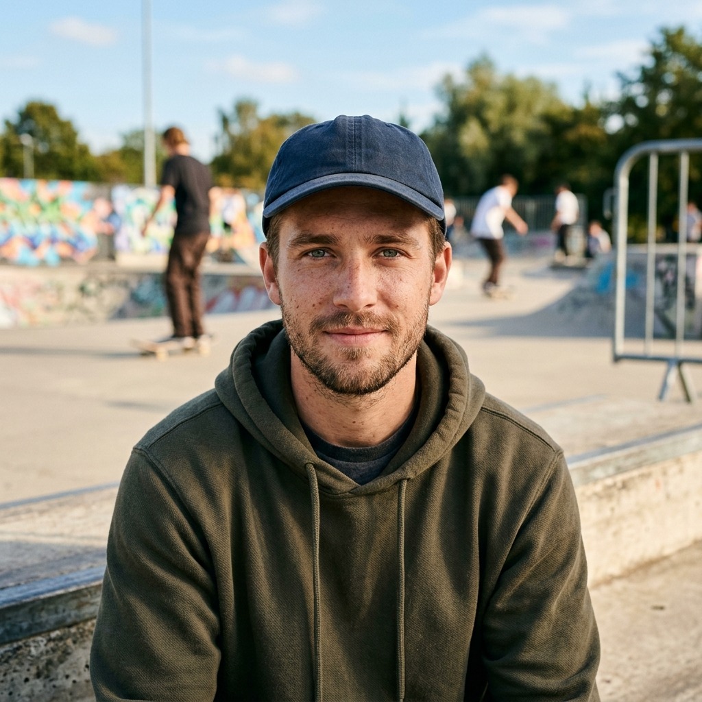 An adult man with plain baseball cap at a sunlit skatepark