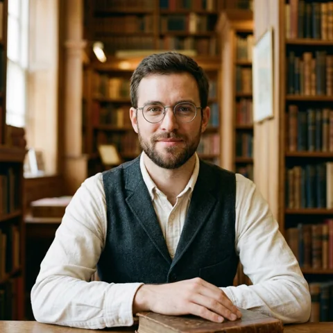 An adult man with round spectacles and charcoal vest in library