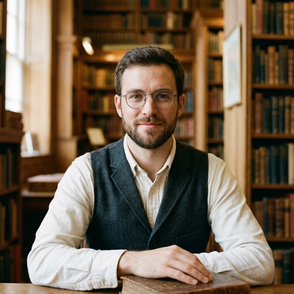 An adult man with round spectacles and charcoal vest in library
