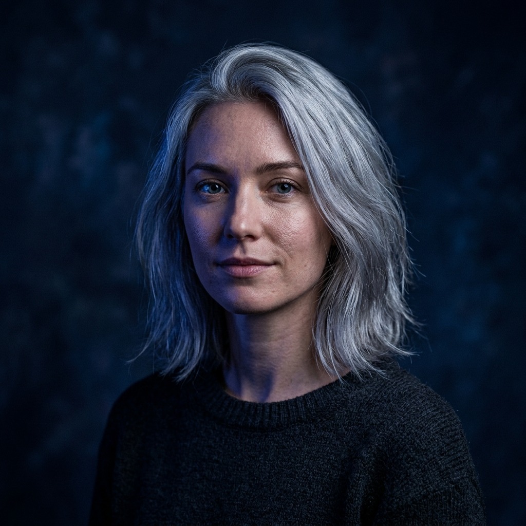An adult woman with silver hair and indigo studio lighting