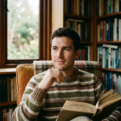 An adult man with striped knit sweater in warm reading nook