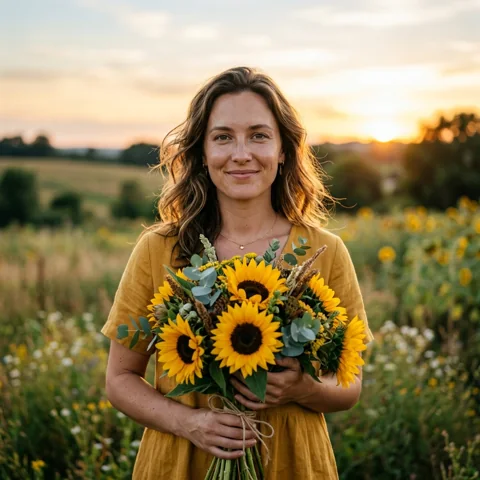 An adult woman with sunflower bouquet and golden sunset