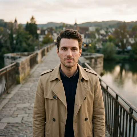 An adult man with tan trench coat on a quiet bridge