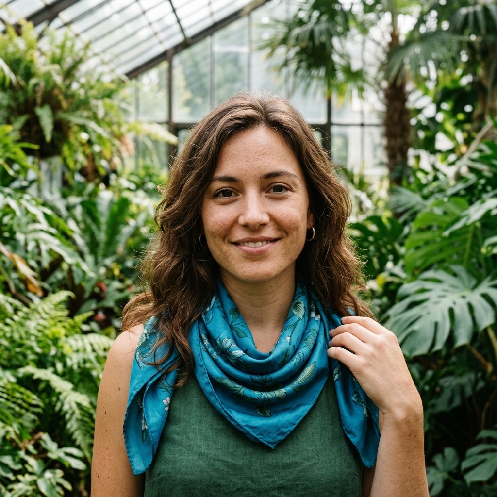 An adult woman with teal silk scarf in a botanical greenhouse