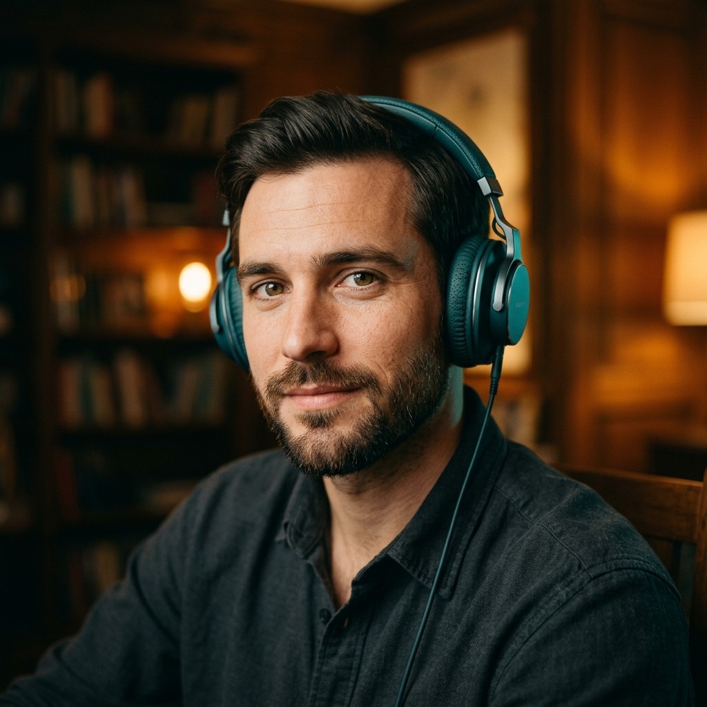 An adult man with teal headphones and dark shirt with amber light