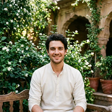 An adult man with white kurta in a jasmine courtyard