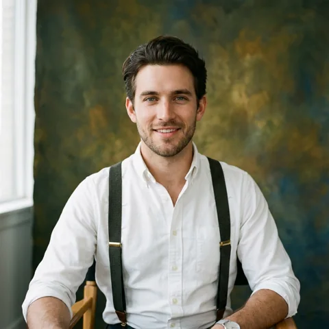 An adult man with white shirt and suspenders in portrait studio