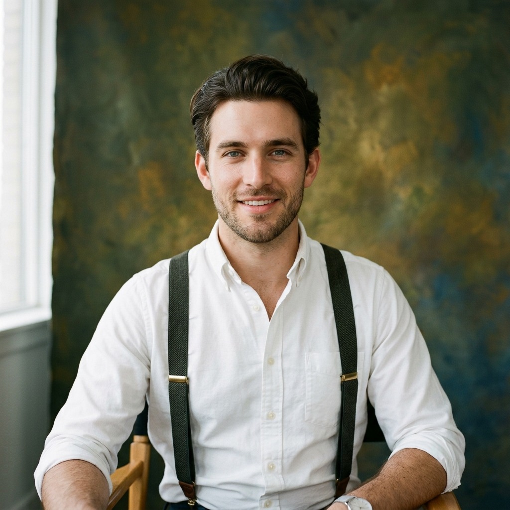 An adult man with white shirt and suspenders in portrait studio
