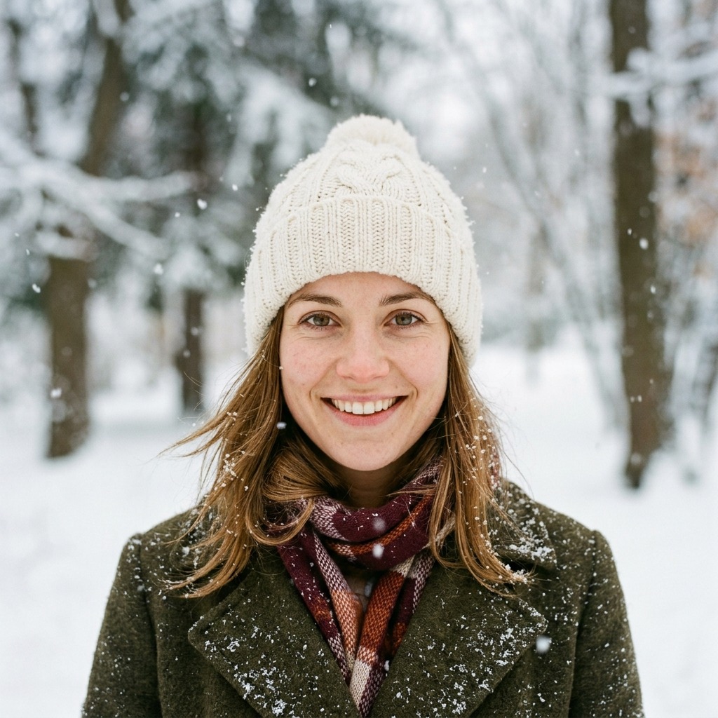 An adult woman with ivory knit hat in gentle snowfall