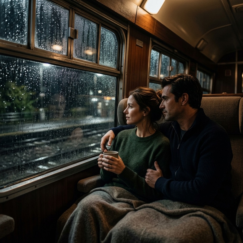 Adult couple seated on a train looking through a rainy window