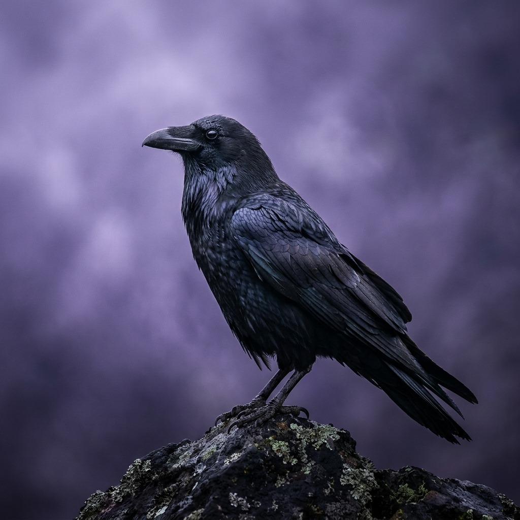 Raven with glossy feathers against violet mist